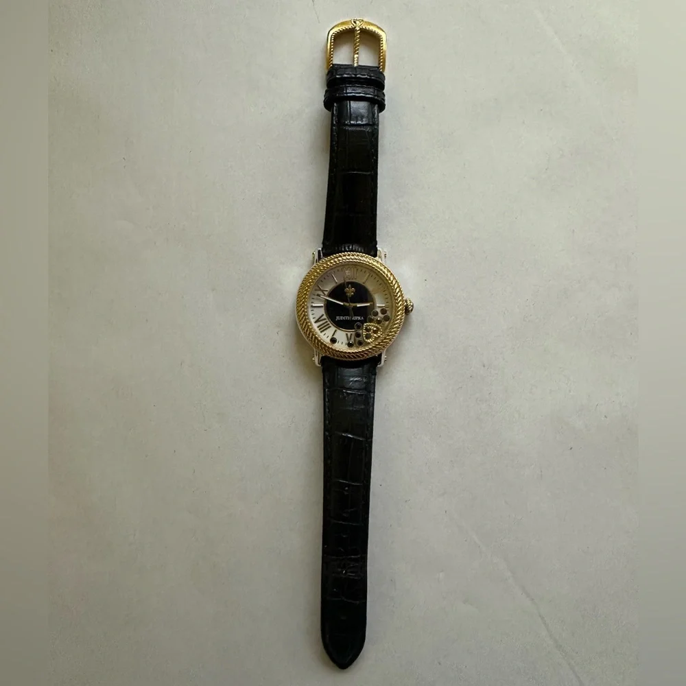 Judith Ripka Gold/Black Odyssey Diamonique Stainless Steel Leather Watch